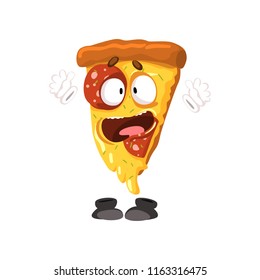 Cute funny slice of pizza, humanized cartoon fast food character vector Illustration on a white background