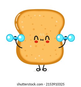 Cute funny sliced toast bread character with dumbbells. Vector hand drawn cartoon kawaii character illustration icon. Isolated on white background. Happy sliced toast bread character gym concept