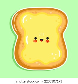 Carácter divertido de pan tostado en rodajas y pegatina de mantequilla. Caricatura dibujada a mano del vector icono de ilustración del personaje kawaii. Aislado sobre fondo blanco. Concepto de carácter de pan y mantequilla