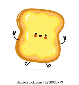 Cute funny sliced toast bread and butter jumping character. Vector hand drawn cartoon kawaii character illustration icon. Isolated on white background. Bread and butter character concept