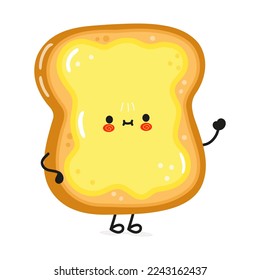 Cute funny sliced toast bread and butter waving hand character. Vector hand drawn cartoon kawaii character illustration icon. Isolated on white background. Happy bread and butter character concept