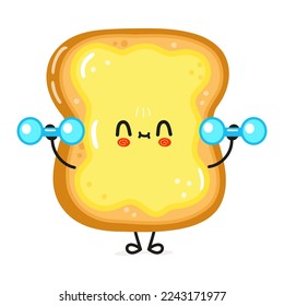 Cute funny sliced toast bread and butter character dumbbells. Vector hand drawn cartoon kawaii character illustration icon. Isolated white background. Happy bread and butter character gym concept