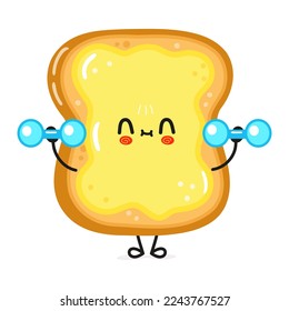 Cute funny sliced toast bread and butter character dumbbells. Vector hand drawn cartoon kawaii character illustration icon. Isolated white background. Happy bread and butter character gym concept