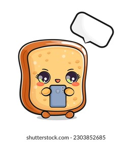 Cute funny Sliced toast bread with a smartphone in hand. Vector hand drawn cartoon kawaii character illustration icon. Isolated on white background. Sliced toast bread character concept