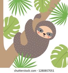 Cute funny sloth . Baby sloth in the tree. Children's illustration. For print. Hand-drawn.