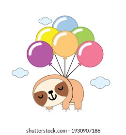 Cute funny sloth with balloons on the sky. Vector illustration.