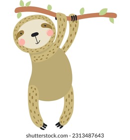 Cute funny sloth hanging from branch cartoon character illustration. Hand drawn Scandinavian style flat design, isolated vector. Tropical animal, jungle wildlife, safari, nature, kids print element