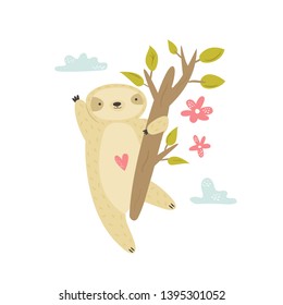 Cute funny sloth hanging on the tree in the rainforest. Summer print design, for banners. greeting card