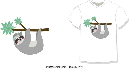 Cute funny sloth hanging sleeping on palm tree branch tshirt design print isolated on white background. Baby tropical animal for apparel t-shirt Cartoon flat vector illustration in scandinavian style