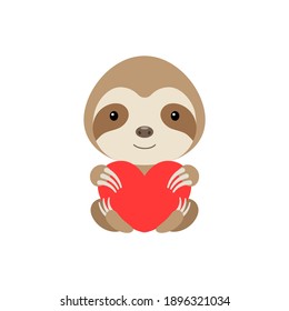 Cute funny sloth with heart on white background. Cartoon animal character for congratulation with St. Valentine day, greeting card, invitation, wall decor, sticker. Colorful vector stock illustration.