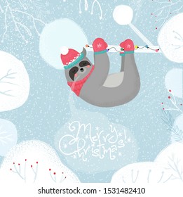 Cute Funny Sloth in Knitted Hat and Scarf Sleep Hanging on Tree Branch on Winter Snowy Background, Merry Christmas Greeting Card. Kawaii Animal Xmas Fun Cartoon Flat Vector Scandinavian Illustration