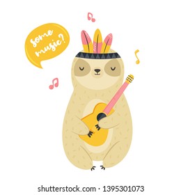 Cute funny sloth playing guitar. Character design isolated on white background for prints, greeting cards, banners
