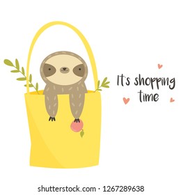 Cute funny sloth sitting in a shopping bag. ITS SHOPPING TIME phrase. Design for print, greeting card, invitations