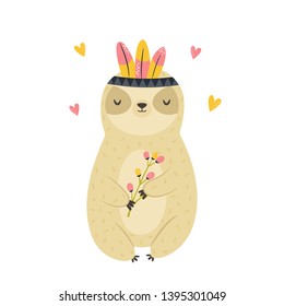 Cute funny sloth in tribal wreath sitting with flower twig. Childish character, lazy bear