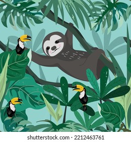 Cute funny sloth in tropical forest seamless pattern  