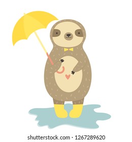 Cute funny sloth in yellow boots holding umbrella. Vector illustration with animal. Design for print, greeting card, invitations, baby showers