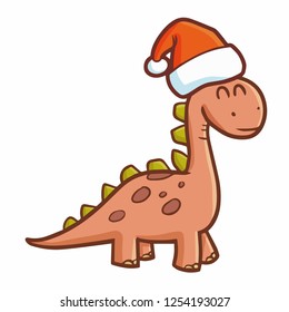 Cute and funny small dinosaurs smiling and wearing Santa's hat for christmas - vector