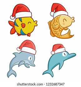 Cute and funny small fish & dolphins wearing Santa's hat for christmas celebration - vector