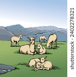 Cute funny small fur wool ram kid relax spring rustic Israel green lawn zoo ranch hill sky scene. Black line hand drawn bible cub child lie happy joy fun play look old retro ancient biblic art sketch