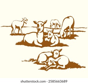 Cute funny small fur wool ram kid relax spring rustic Israel green lawn zoo ranch sky scene. Black line hand drawn bible cub child lie sleep happy joy fun play look old retro ancient biblic art sketch