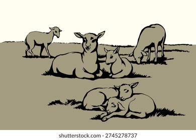 Cute funny small fur wool ram kid relax spring rustic Israel green lawn zoo ranch sky scene. Black line hand drawn bible cub child lie sleep happy joy fun play look old retro ancient biblic art sketch