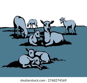 Cute funny small fur wool ram kid relax spring rustic Israel green lawn zoo ranch sky scene. Black line hand drawn bible cub child lie sleep happy joy fun play look old retro ancient biblic art sketch
