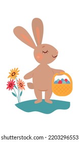 A cute funny small rabbit holds a basket with Easter eggs in his hands and smiles cutely. Vector spring illustration. 2023 new year. Year of the rabbit.