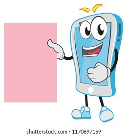 Cute funny smart phone cell phone character happy holding a paper sign board placard poster blank empty template