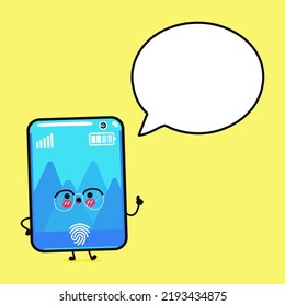 Cute funny smartphone doing yoga with speech bubble. Vector hand drawn cartoon kawaii 
