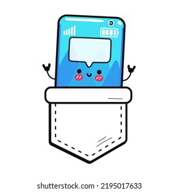 Cute divertido papel de camiseta de bolsillo para smartphone.Diseño de imagen del logotipo del personaje de la línea de dibujos animados vectores. Fondo blanco aislado. Graciosa camiseta de bolsillo para imprenta de smartphone vintage