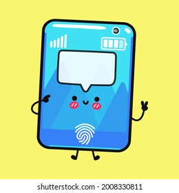 Cute funny smartphone with poster. Vector hand drawn cartoon kawaii character illustration icon. Isolated on yellow background. Smartphone think concept