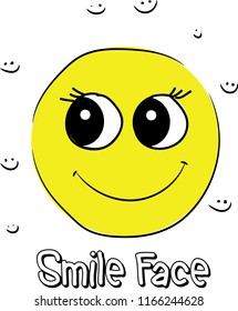Cute, funny smile face has big eyes with sketch of leafs illustration. emoji, cartoon character, sketch vector