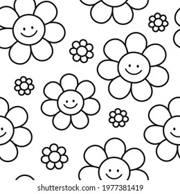 Cute funny smile flowers seamless pattern. Vector flat cartoon kawaii character illustration icon design. Positive smile flowers seamless pattern coloring page concept