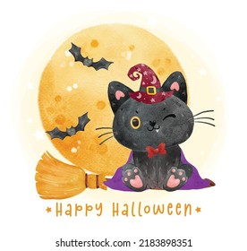 cute funny smile Halloween black cat witch on flying broom with full moon and bats watercolor illustration vector 