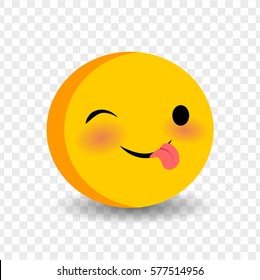 Cute funny smile jolly face Vector illustration smile icon. Face emoji yellow icon. Smile cute funny emotion face on transparent background. Protruding tongue wink feelings, expression message, sms.