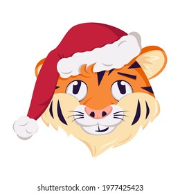 Cute funny or smile tiger character, simbol of New Year in a red Christmas cap. Wild animals of africa, face with pensive, thoughtful emotions, festive decoration. Vector flat illustration