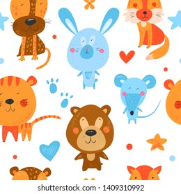 Cute funny smiling animals. Hand drawn kids illustration. Seamless vector pattern. Background for fabric prints. Rabbit, tiger, leopard, bear, fox. Pencil texture. Childish drawing. Blue and orange.