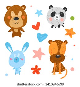 Cute funny smiling animals. Hand drawn kids illustration. Vector background. Rabbit, leopard, bear, panda. Pencil texture. Childish drawing. Flat cartoon characters.