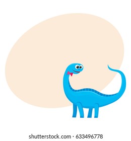 Cute and funny smiling baby brontosaurus, dinosaur, cartoon vector illustration with space for text. Funny, happy brontosaurus dinosaur character, decoration element
