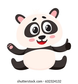 Cute and funny smiling baby panda character sitting, showing thumb up, cartoon vector illustration isolated on white background. Cute little panda bear character, mascot giving thumb up
