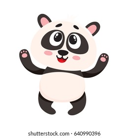 Cute and funny smiling baby panda character looking up, cartoon vector illustration isolated on white background. Cute little panda bear character, mascot with paws raised up