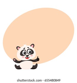 Cute and funny smiling baby panda character sitting, showing thumb up, cartoon vector illustration with space for text. Cute little panda bear character, mascot giving thumb up