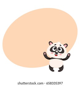 Cute and funny smiling baby panda character looking up, cartoon vector illustration with space for text. Cute little panda bear character, mascot with paws raised up