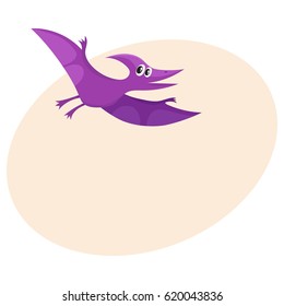 Cute and funny smiling baby pterodactyloidea, flying dinosaur, cartoon vector illustration with space for text. Funny, happy pterodactyloidea, avian dinosaur character, decoration element