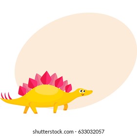 Cute and funny smiling baby stegosaurus, dinosaur, cartoon vector illustration with space for text. Funny, happy stegosaurus dinosaur character, decoration element