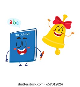 Cute, funny smiling bell and notebook characters, back to school concept, cartoon vector illustration isolated on white background. Happy school bell and notebook characters, mascots with human faces