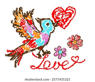 Cute funny smiling bird with red heart. Bright vibrant colorful like kids hand drawing doodle style. Crayon, pastel chalk or pencil. Cartoon art simple sweet childlike joyful girly character