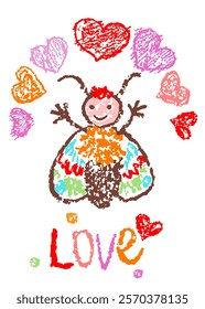 Cute funny smiling butterfly elf with red pink heart. Bright vibrant colorful like kids hand drawing doodle style. Crayon, pastel chalk or pencil. Cartoon art simple sweet monster or fly character