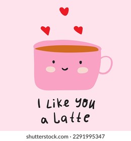 Cute funny smiling cup. I like you a latte. Vector hand drawn illustration on pink background.