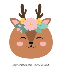 Cute funny smiling deer face. Cartoon forest animal with flowers. Vector illustration isolated on white background